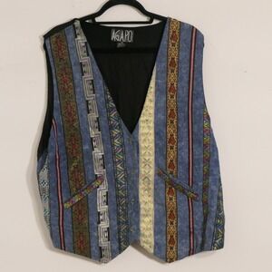 Agapo Womens Vest 2X Blue Multi-Color Boho Eclectic Art to Wear Festival Hippie